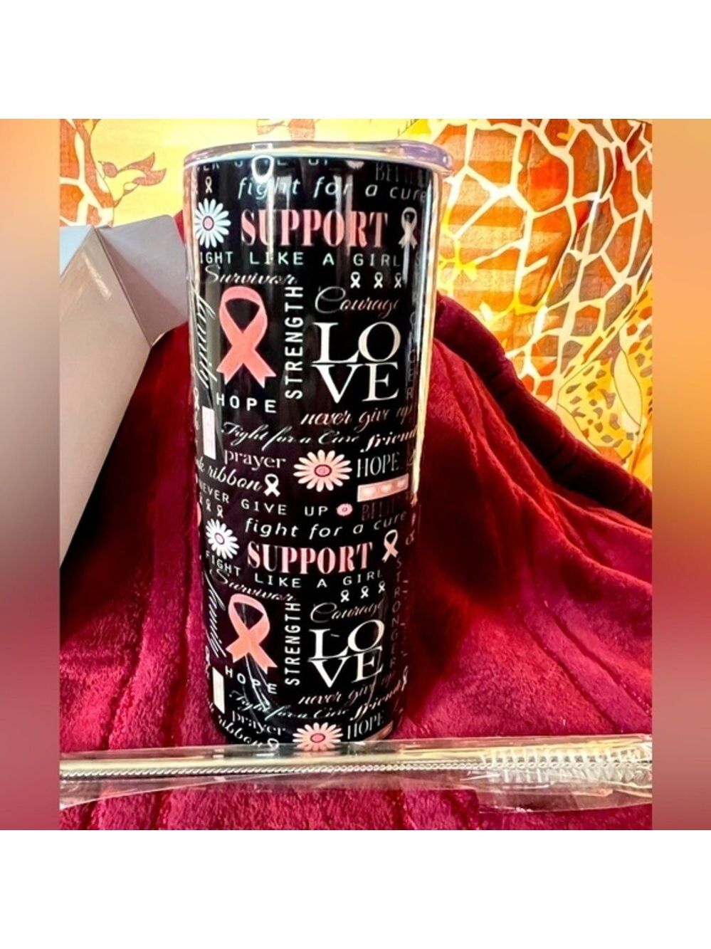 Breast Cancer Togo Coffee Cup, stainless, metal straw, cleaning brush, 7.5 Tall